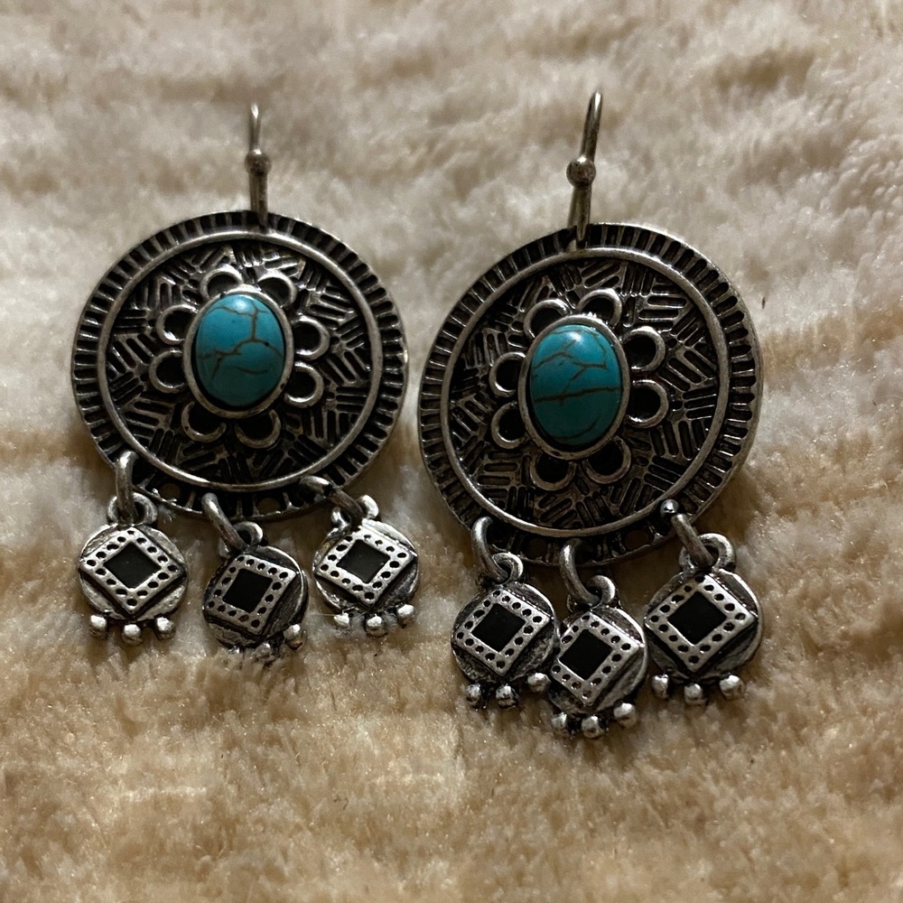 Turquoise Stone Silver-Tone Dangle Earrings - Women Jewelry